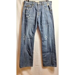 SEDUKA Alan Jean Sz 33 Blue Denim Straight Leg Distressed Whiskering Western EUC